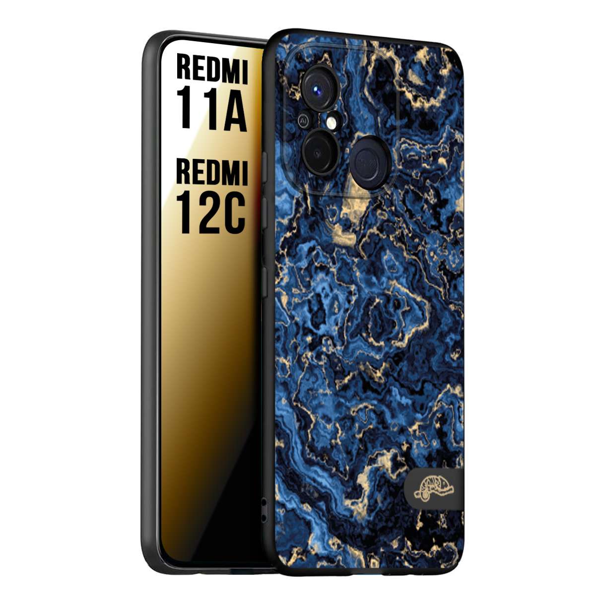 CUSTOMIZZA - Custodia cover nera morbida in tpu compatibile per Xiaomi Redmi 11A - 12C effetto marmo marble blu venature dorato psichedelico