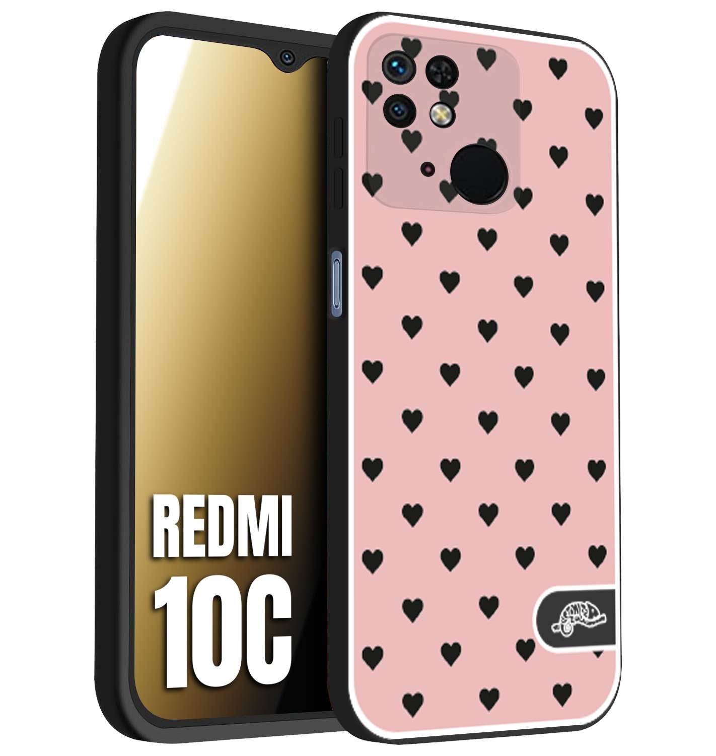 CUSTOMIZZA - Custodia cover nera morbida in tpu compatibile per Xiaomi Redmi 10C cuori pois rosa donna pin up vintage