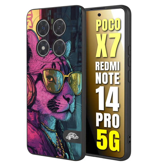 CUSTOMIZZA - Custodia cover nera morbida in tpu compatibile per Xiaomi Redmi Note 14 PRO 5G animali cyberpunk pantera street cat fucsia blu giallo