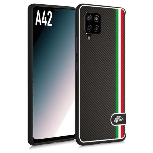 CUSTOMIZZA - Custodia cover nera morbida in tpu compatibile per Samsung A42 effetto fibra di carbonio bandiera Italia made in Italy