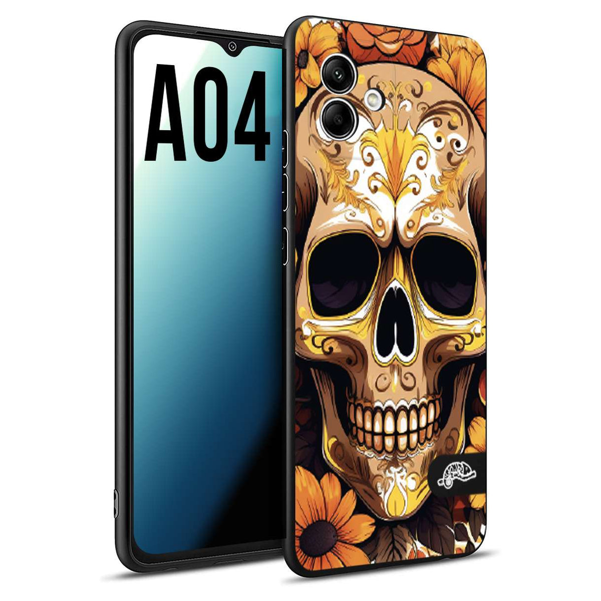 CUSTOMIZZA - Custodia cover nera morbida in tpu compatibile per Samsung A04 teschio messicano colorato dorato fiori tattoo disegnato