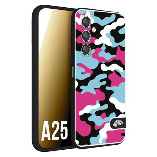 CUSTOMIZZA - Custodia cover nera morbida in tpu compatibile per Samsung A25 camouflage mimetico militare fucsia celeste