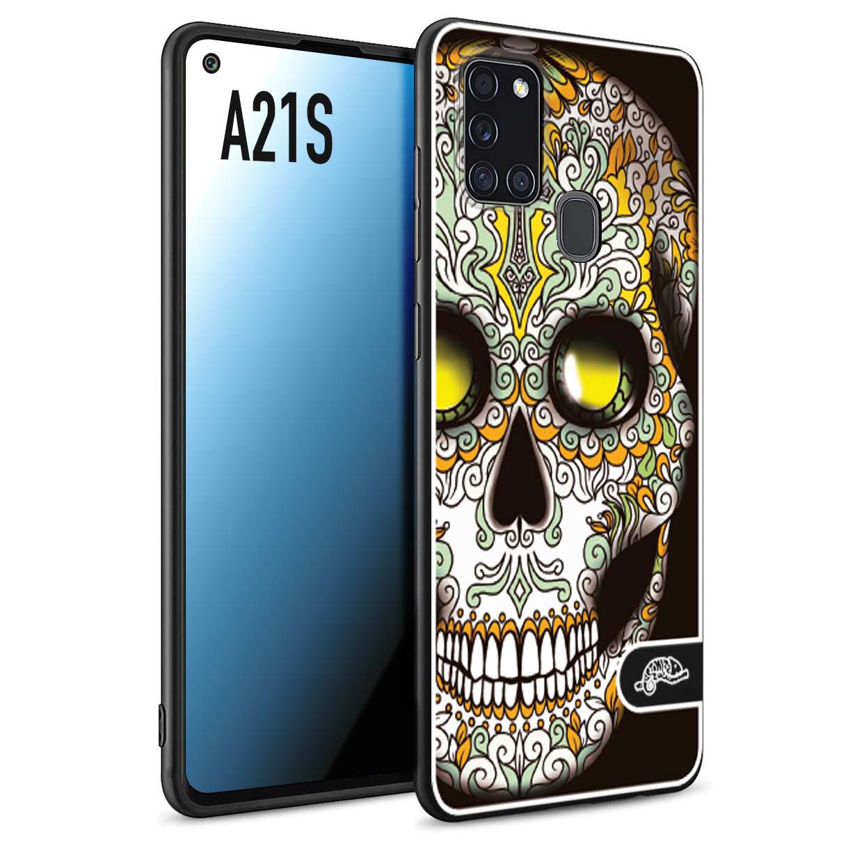 CUSTOMIZZA - Custodia cover nera morbida in tpu compatibile per Samsung A21S teschio messicano Mexican skull bianco verde giallo