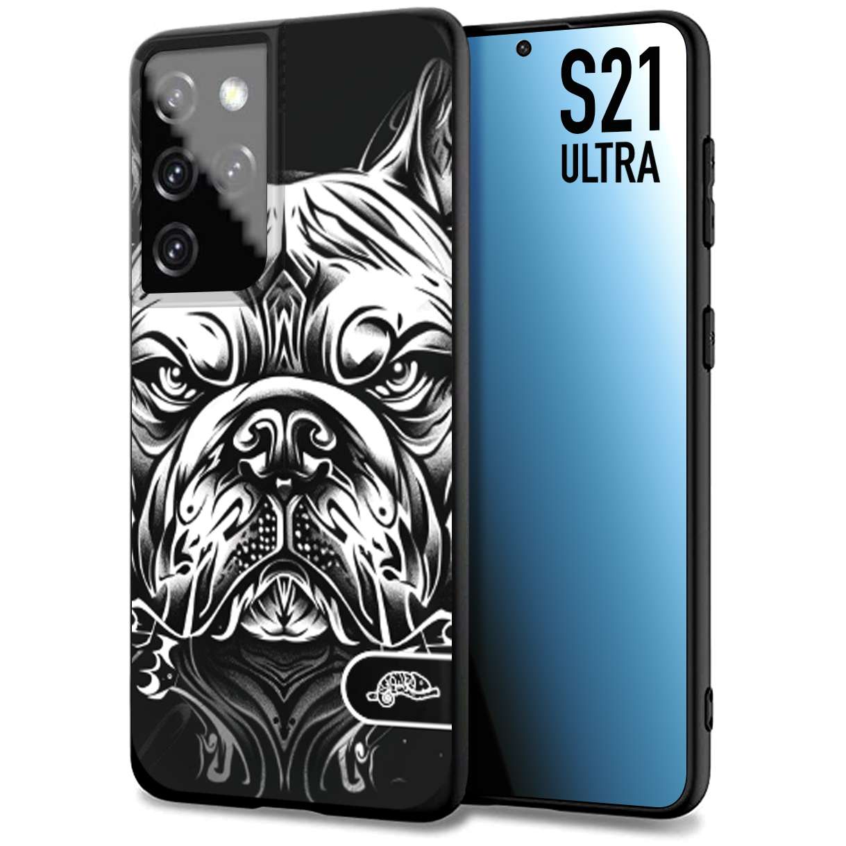 CUSTOMIZZA - Custodia cover nera morbida in tpu compatibile per Samsung S21 ULTRA bulldog bianco a rilievo disegnato tattoo tatuaggio