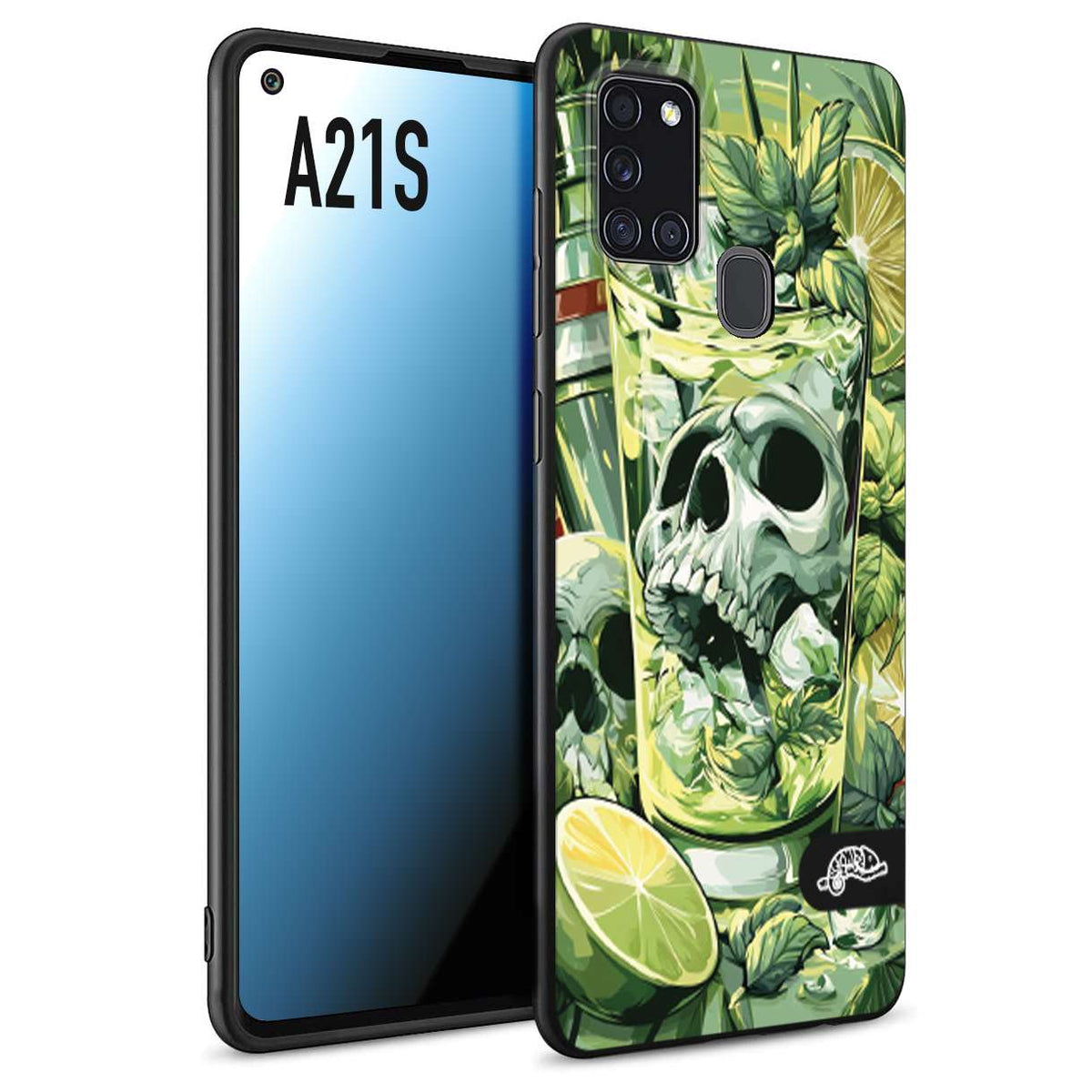 CUSTOMIZZA - Custodia cover nera morbida in tpu compatibile per Samsung A21S Mojito cocktail teschio illustrazione drink lime menta ghiacci tropicale street art