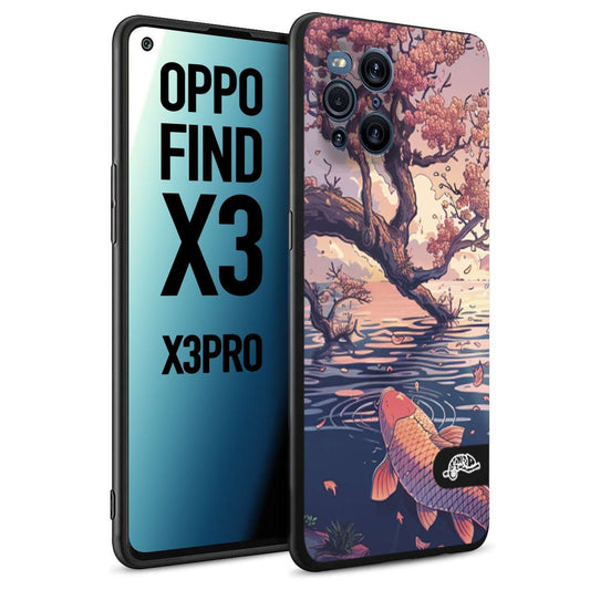 CUSTOMIZZA - Custodia cover nera morbida in tpu compatibile per Oppo Find X3 - Find X3 Pro 5G giapponese lago carpa koi rosa con foglie d'acero disegnata tattoo