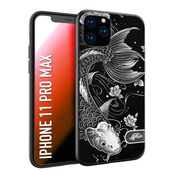 CUSTOMIZZA - Custodia cover nera morbida in tpu compatibile per iPhone 11 PRO MAX carpa koi black and white bianco a rilievo disegnato tattoo tatuaggio