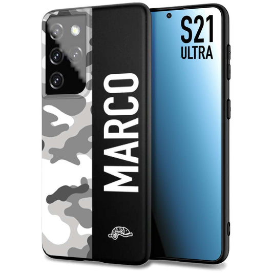 CUSTOMIZZA - Custodia cover nera morbida in tpu compatibile per Samsung S21 ULTRA camouflage mimetico militare personalizzata nome bianco