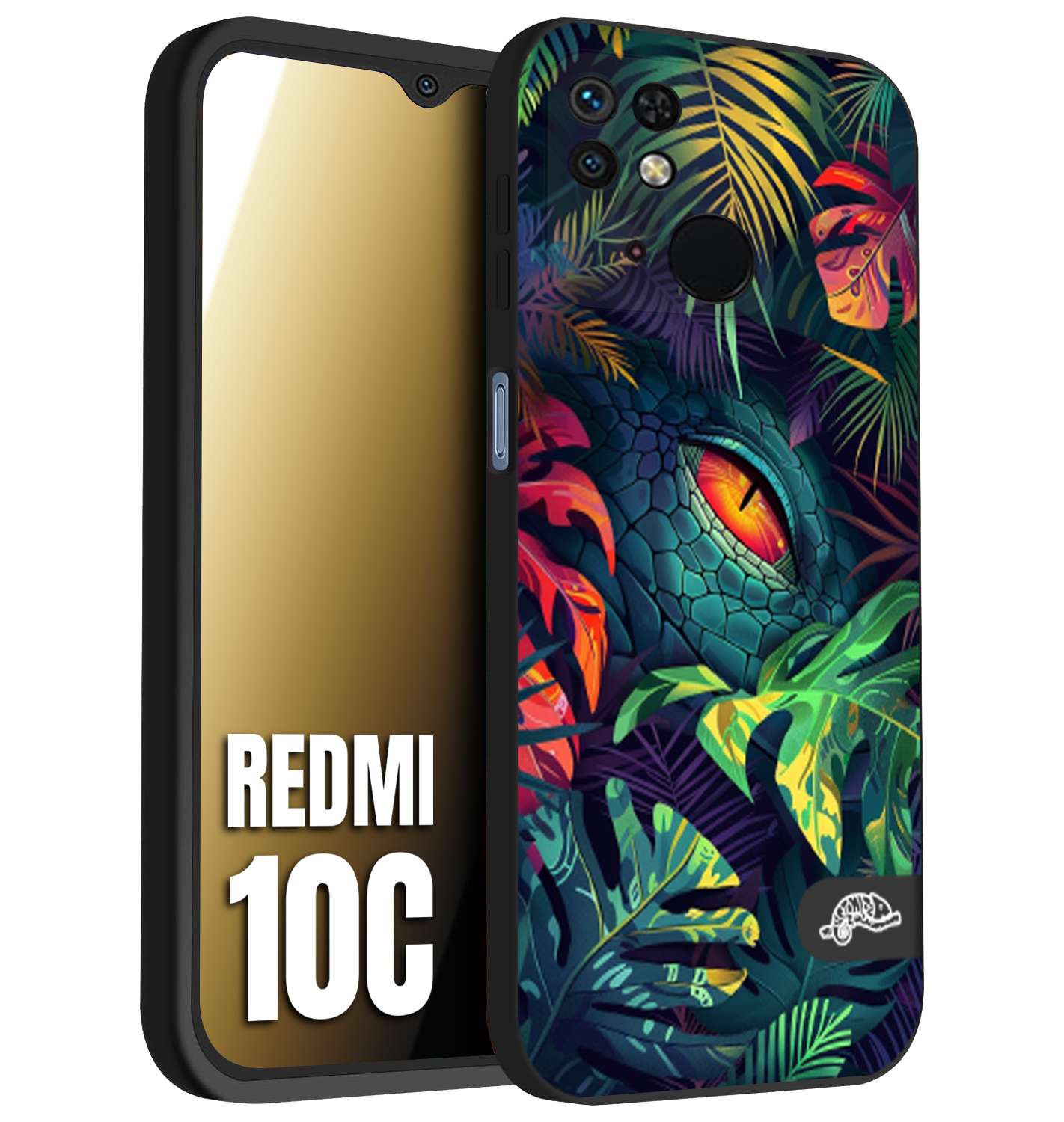 CUSTOMIZZA - Custodia cover nera morbida in tpu compatibile per Xiaomi Redmi 10C animali color giungla tropicale occhio di coccodrillo alligatore disegnato