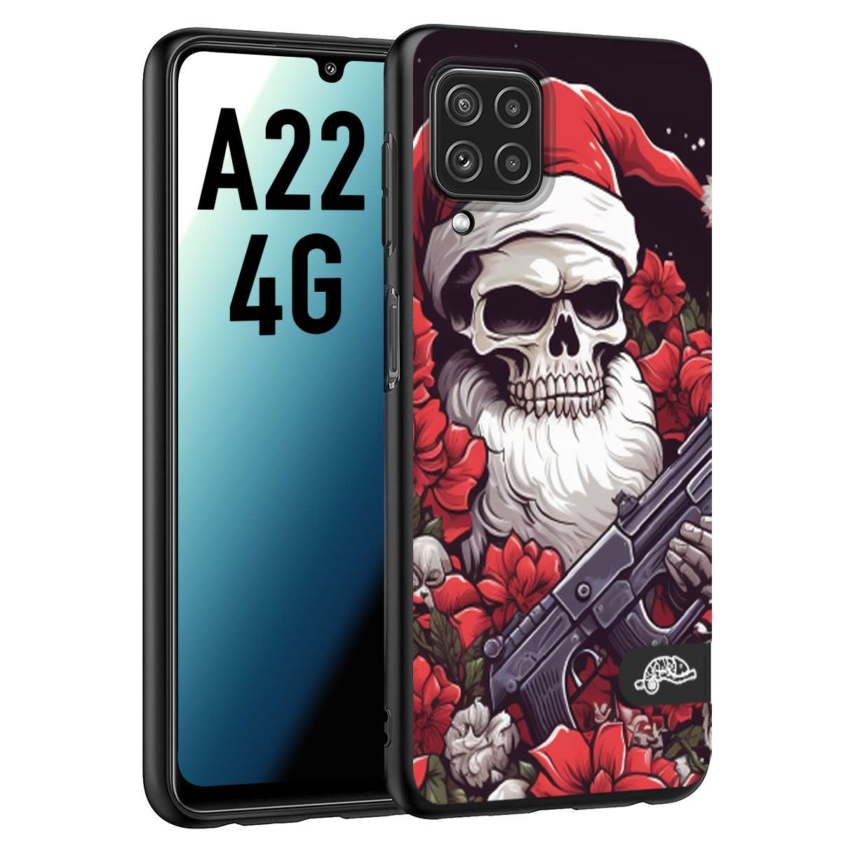 CUSTOMIZZA - Custodia cover nera morbida in tpu compatibile per Samsung A22 4G teschio natale santa claus fiori tattoo disegnato