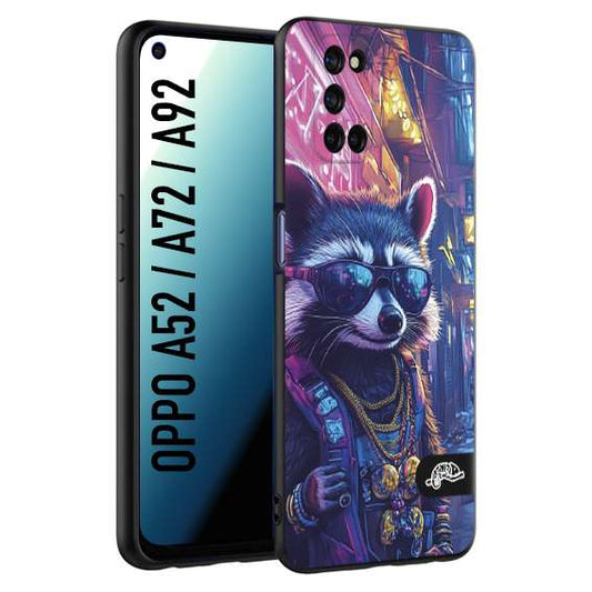 CUSTOMIZZA - Custodia cover nera morbida in tpu compatibile per Oppo A52 - A72 - A92 animali simpatici cyberpunk procione racoon street cat fucsia blu giallo