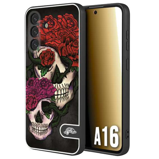 CUSTOMIZZA - Custodia cover nera morbida in tpu compatibile per Samsung A16 teschi e rose rosse fucsia skull and roses