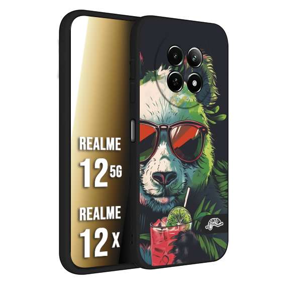 CUSTOMIZZA - Custodia cover nera morbida in tpu compatibile per Realme 12 5G - 12X estate disegnata cocktails animali simpatici panda mojito