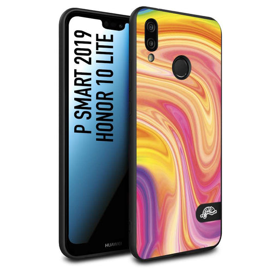 CUSTOMIZZA - Custodia cover nera morbida in tpu compatibile per Huawei P SMART 2019 colorata fantasia vortice marmo onde rosa fucsia gialla