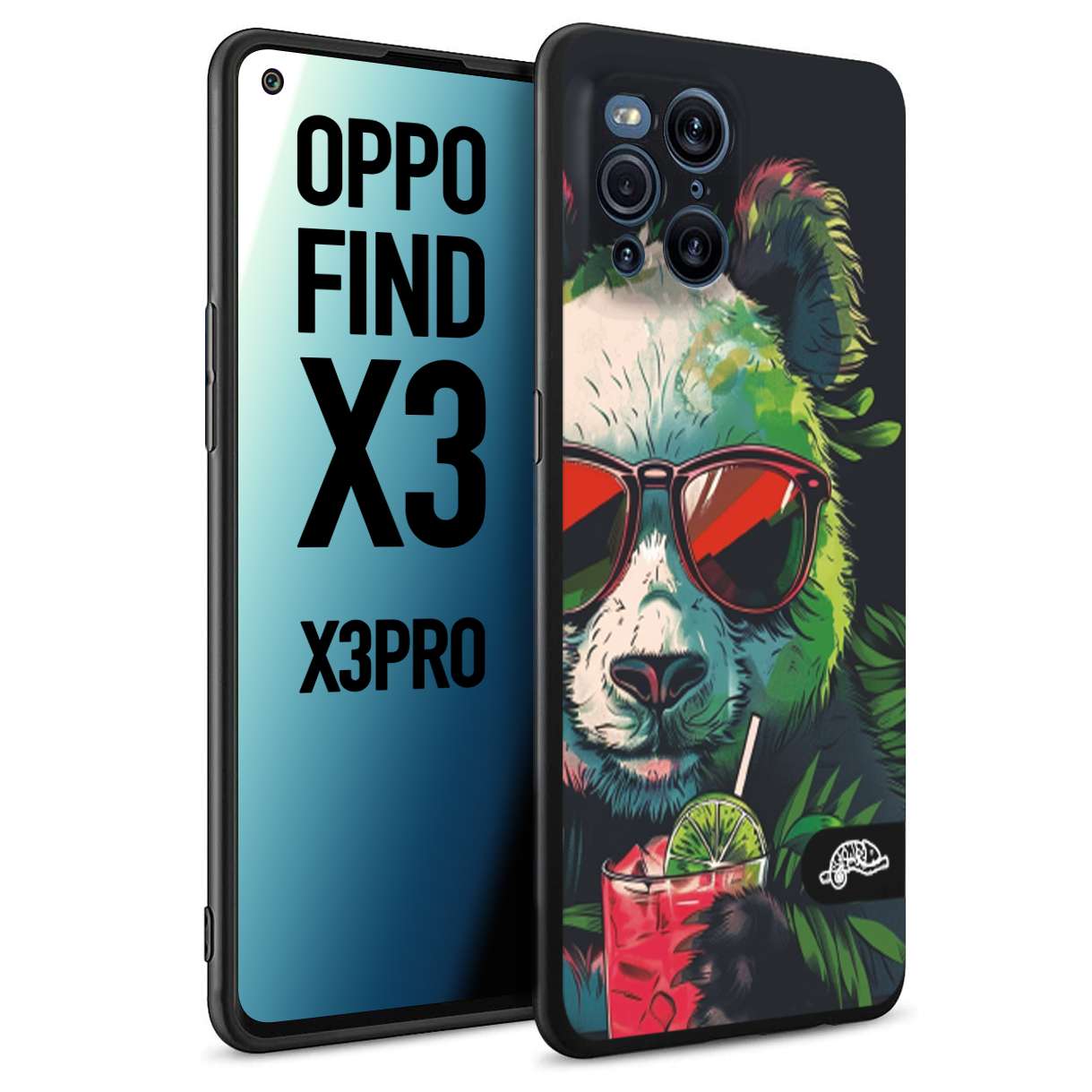 CUSTOMIZZA - Custodia cover nera morbida in tpu compatibile per Oppo Find X3 - Find X3 Pro 5G estate disegnata cocktails animali simpatici panda mojito