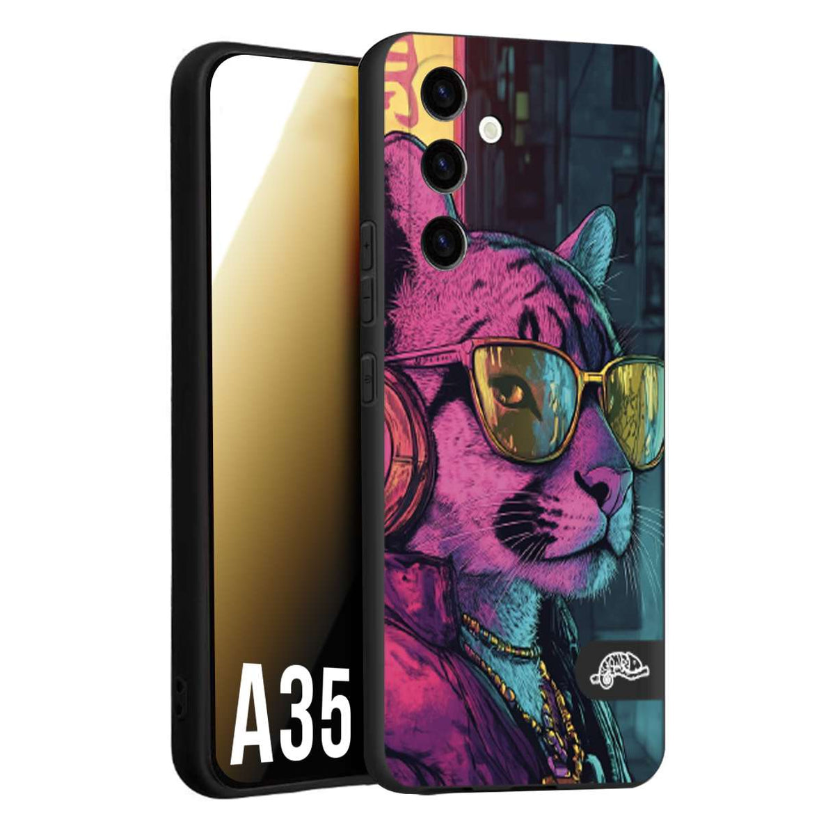 CUSTOMIZZA - Custodia cover nera morbida in tpu compatibile per Samsung A35 5G animali cyberpunk pantera street cat fucsia blu giallo