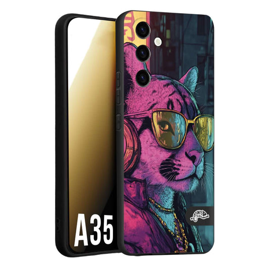 CUSTOMIZZA - Custodia cover nera morbida in tpu compatibile per Samsung A35 5G animali cyberpunk pantera street cat fucsia blu giallo