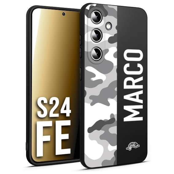 CUSTOMIZZA - Custodia cover nera morbida in tpu compatibile per Samsung S24 FE camouflage mimetico militare personalizzata nome bianco