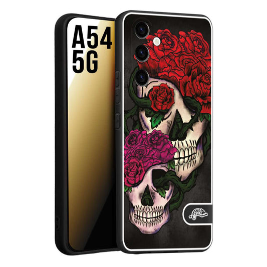 CUSTOMIZZA - Custodia cover nera morbida in tpu compatibile per Samsung A54 5G teschi e rose rosse fucsia skull and roses