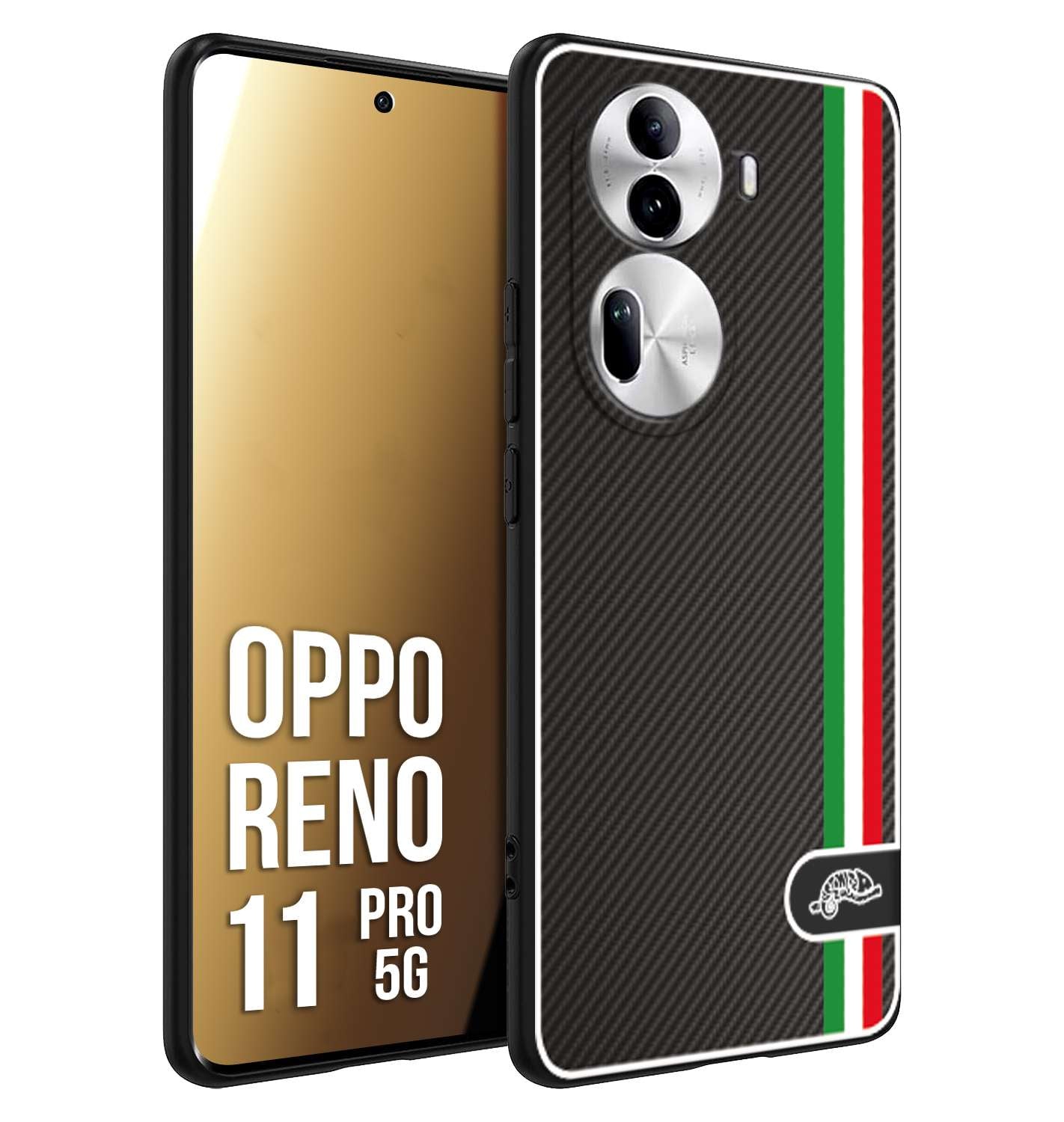 CUSTOMIZZA - Custodia cover nera morbida in tpu compatibile per Oppo Reno 11 PRO 5G effetto fibra di carbonio bandiera Italia made in Italy
