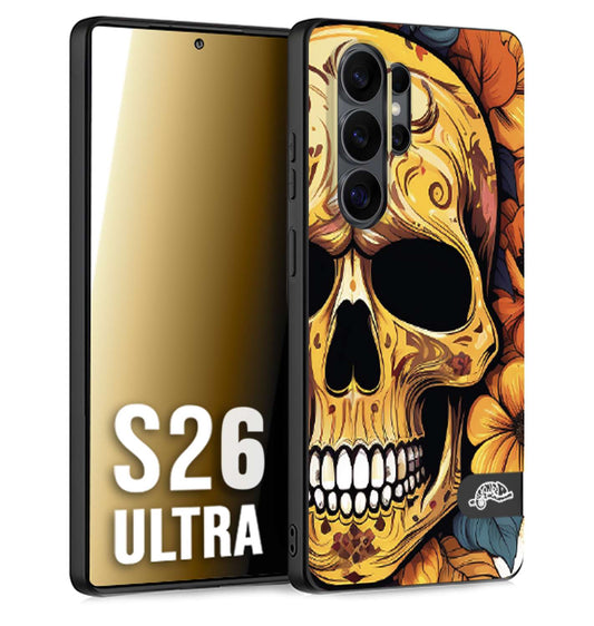 CUSTOMIZZA - Custodia cover nera morbida in tpu compatibile per Samsung S26 ULTRA teschio messicano colorato dorato fiori autunnali disegnato
