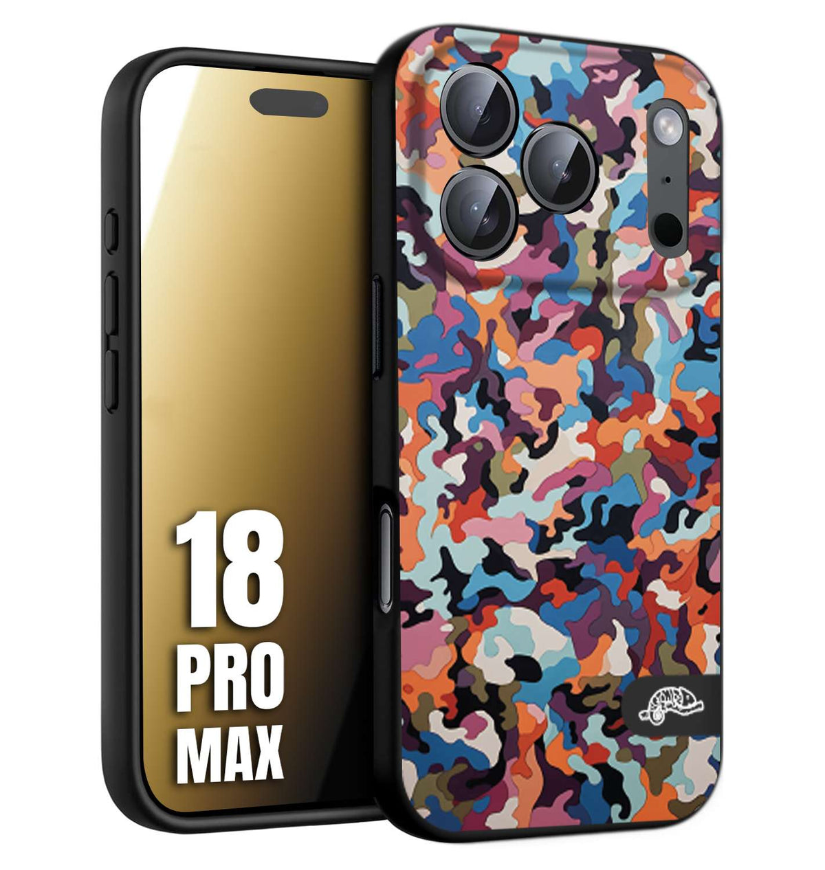CUSTOMIZZA - Custodia cover nera morbida in tpu compatibile per iPhone 18 PRO MAX camouflage mimetico militare moderno blu arancio rosa