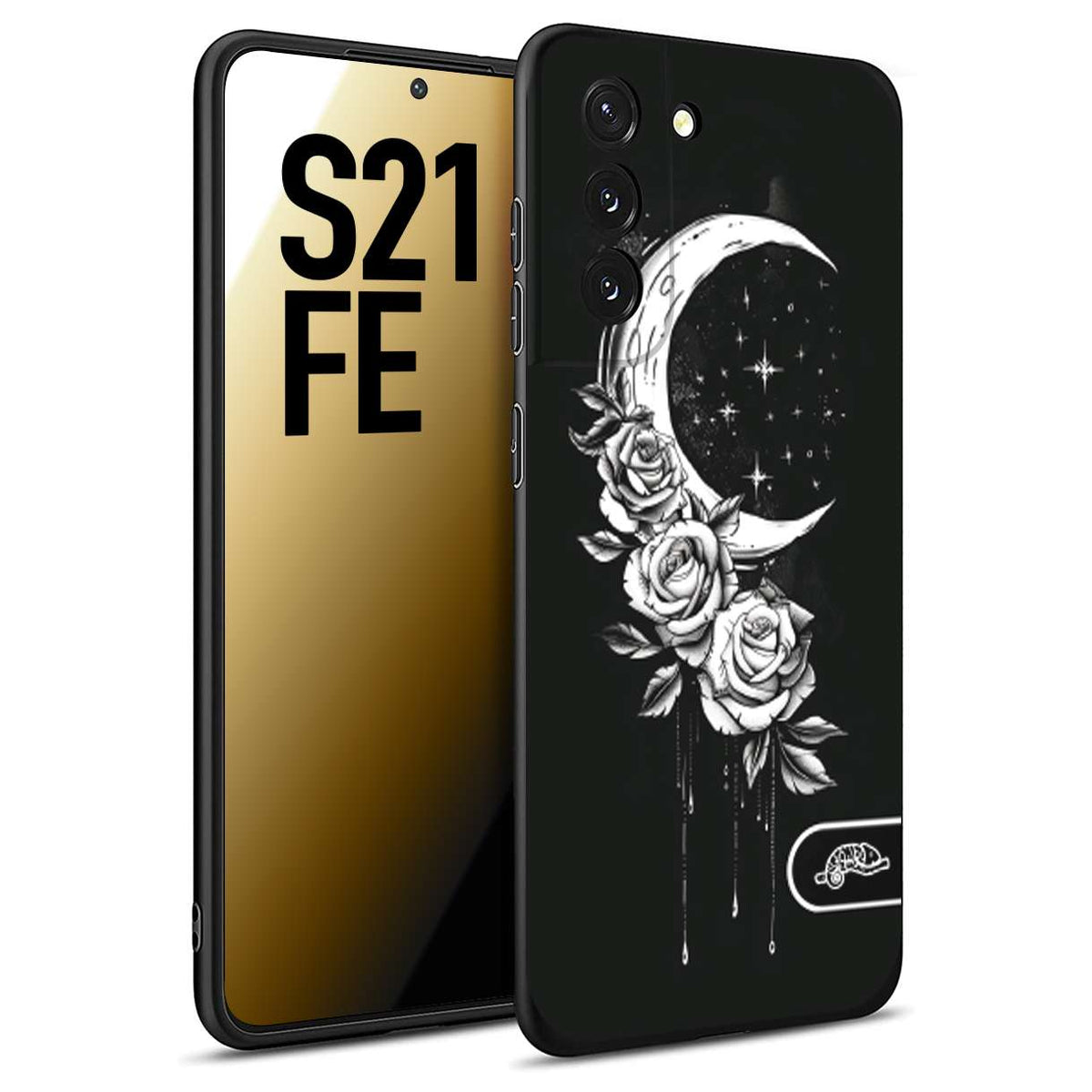 CUSTOMIZZA - Custodia cover nera morbida in tpu compatibile per Samsung S21 FE luna e fiori moon flowers black and white bianco a rilievo disegnato