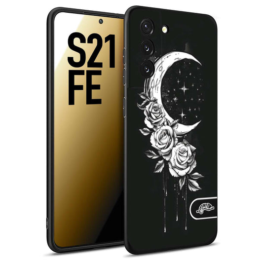 CUSTOMIZZA - Custodia cover nera morbida in tpu compatibile per Samsung S21 FE luna e fiori moon flowers black and white bianco a rilievo disegnato
