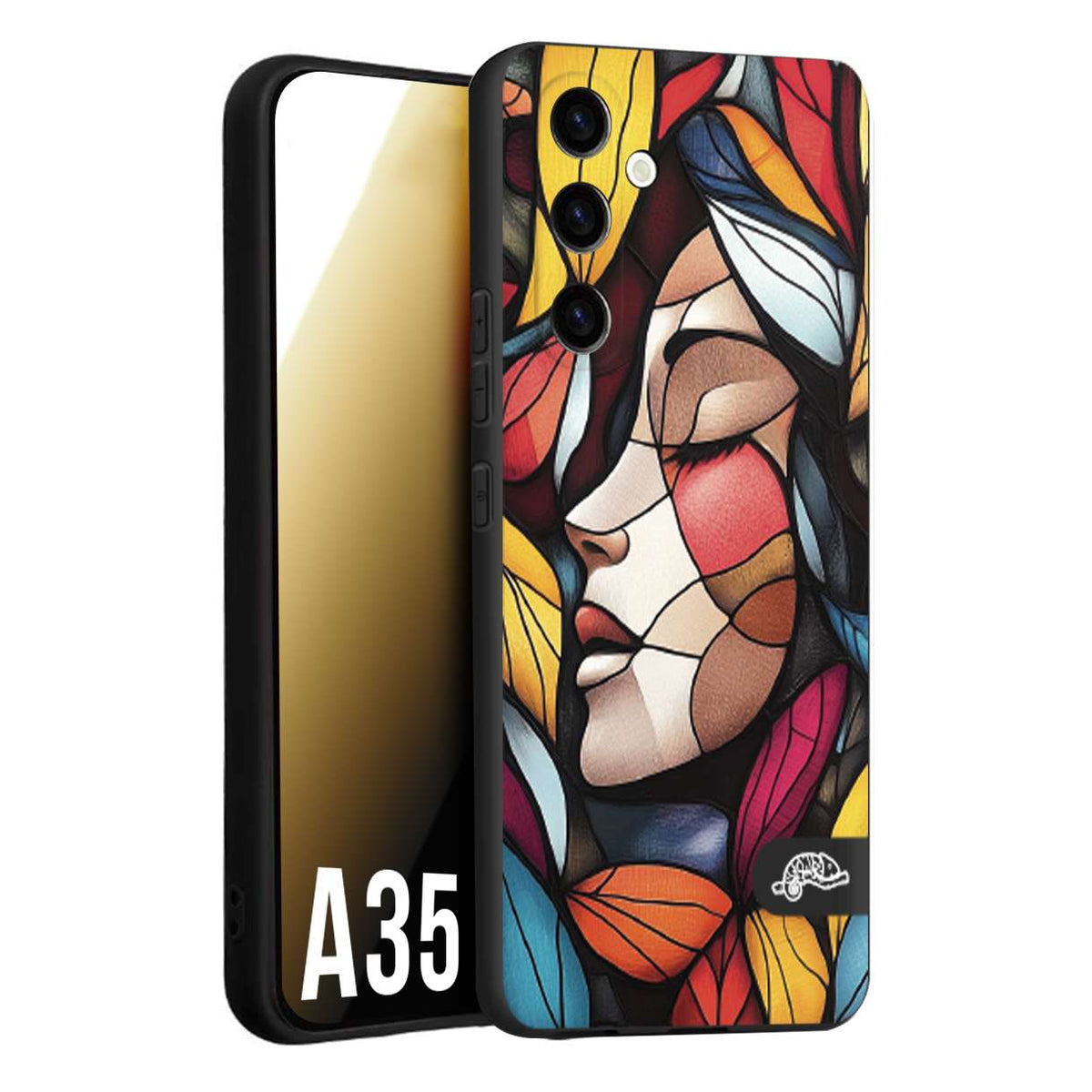 CUSTOMIZZA - Custodia cover nera morbida in tpu compatibile per Samsung A35 5G Vetrata artistica volto di donna profilo fogliare mosaico di vetro colorato