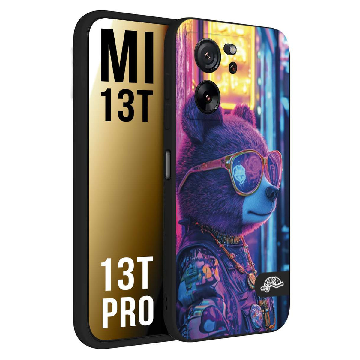 CUSTOMIZZA - Custodia cover nera morbida in tpu compatibile per Xiaomi 13T - 13T PRO animali cyberpunk orsetto orso street bear fucsia blu night