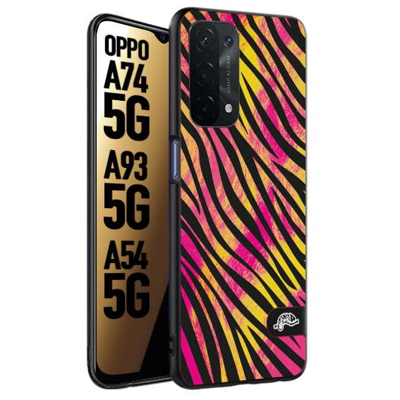 CUSTOMIZZA - Custodia cover nera morbida in tpu compatibile per Oppo A74 5G - A93 5G - A54 5G zebrata maculata a rilievo soft touch donna fucsia gialla