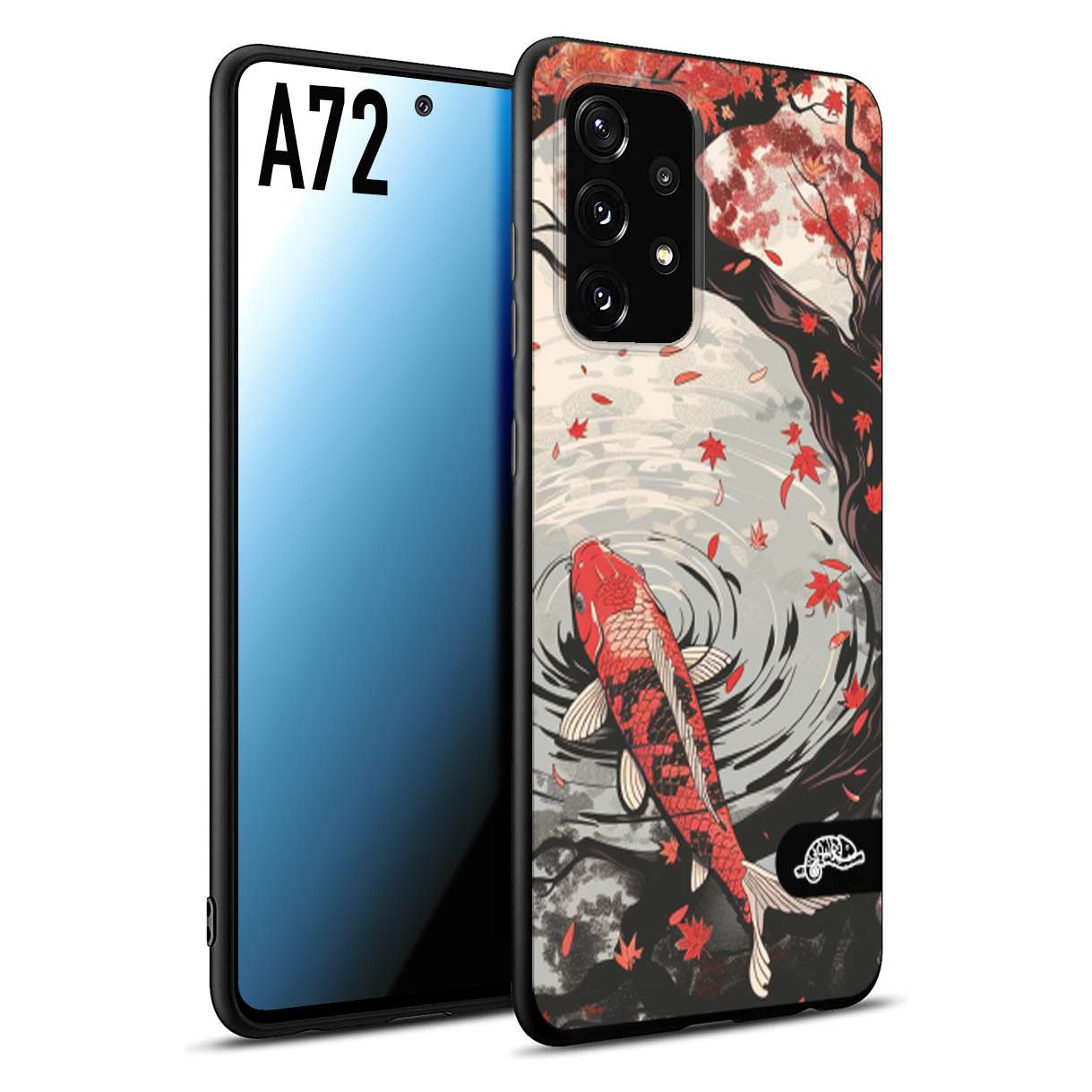 CUSTOMIZZA - Custodia cover nera morbida in tpu compatibile per Samsung A72 giapponese lago carpa koi rossa con foglie d'acero rosso disegnata tattoo