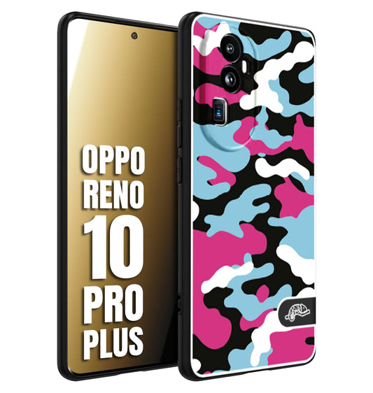 CUSTOMIZZA - Custodia cover nera morbida in tpu compatibile per Oppo Reno 10 PRO PLUS camouflage mimetico militare fucsia celeste