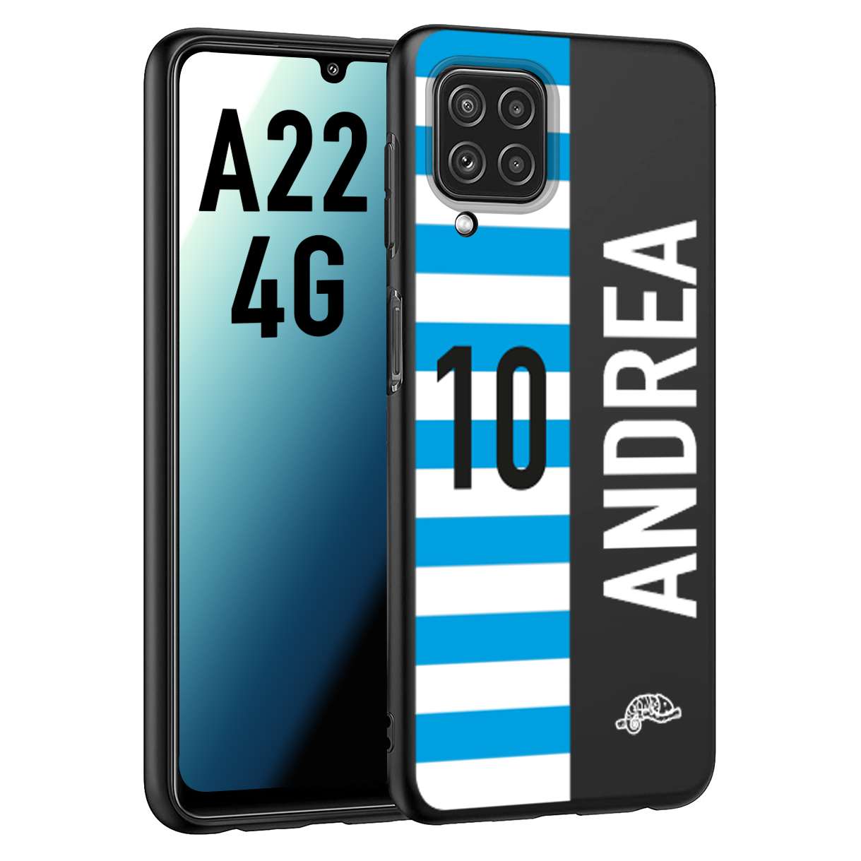 CUSTOMIZZA - Custodia cover nera morbida in tpu compatibile per Samsung A22 4G personalizzata calcio football nome e numero calciatori biancazzurri