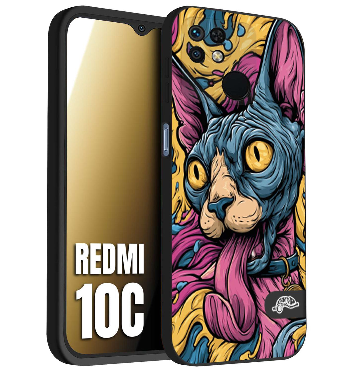 CUSTOMIZZA - Custodia cover nera morbida in tpu compatibile per Xiaomi Redmi 10C Sphynx Colorato Pop Art Psichedelico Gatto Blu Rosa Giallo Artistica Fantasy