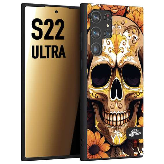 CUSTOMIZZA - Custodia cover nera morbida in tpu compatibile per Samsung S22 ULTRA teschio messicano colorato dorato fiori tattoo disegnato