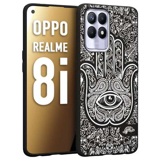 CUSTOMIZZA - Custodia cover nera morbida in tpu compatibile per Oppo Realme 8i mano di fatima effetto rilievo mandala donna