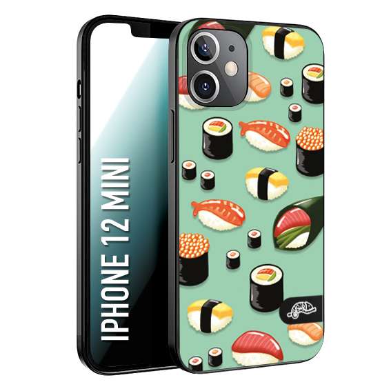 CUSTOMIZZA - Custodia cover nera morbida in tpu compatibile per iPhone 12 MINI sushi disegni giapponese nighiri acquamarina verde