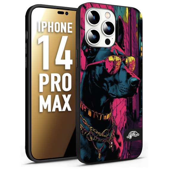CUSTOMIZZA - Custodia cover nera morbida in tpu compatibile per iPhone 14 PRO MAX animali cyberpunk dobermann cane street dog fucsia blu