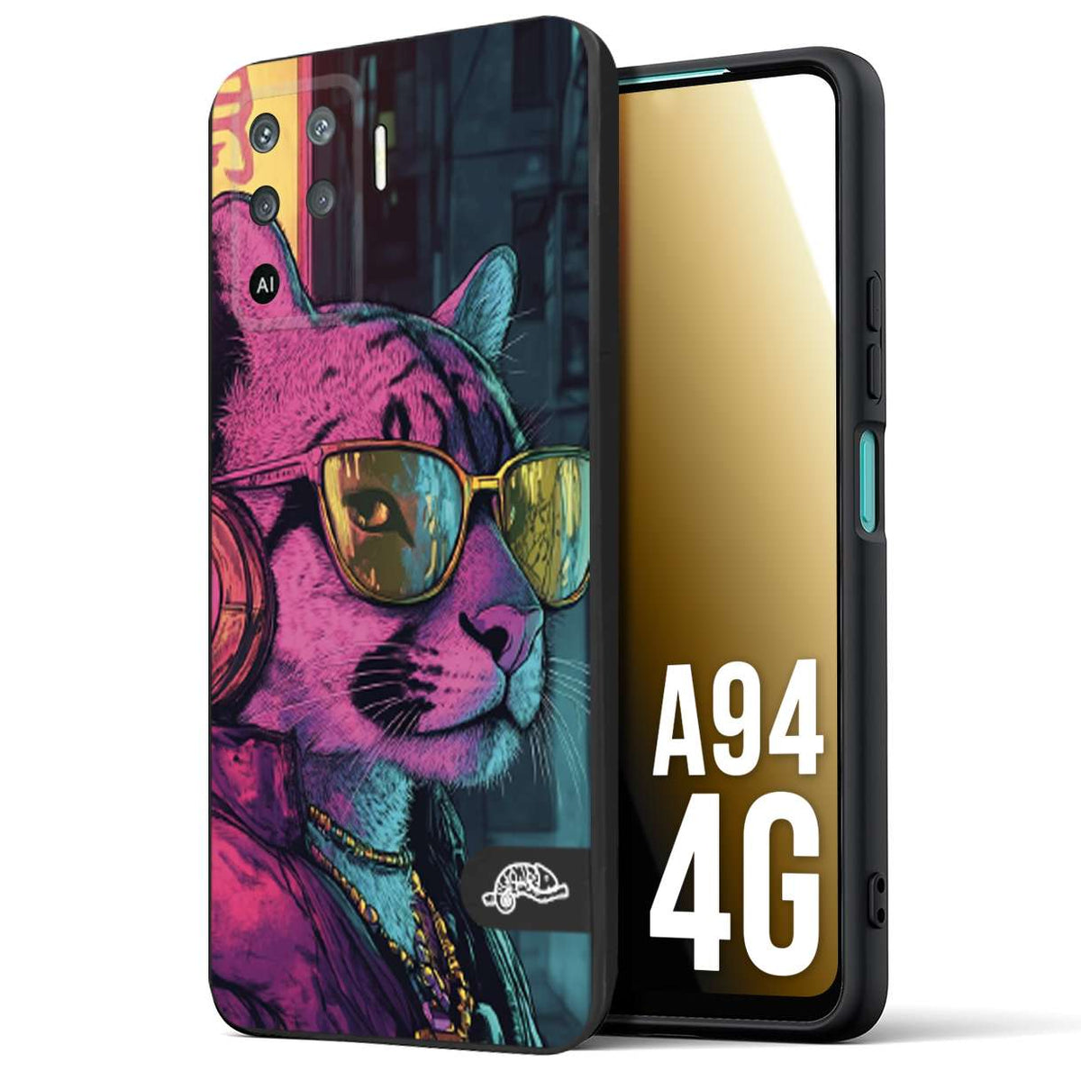 CUSTOMIZZA - Custodia cover nera morbida in tpu compatibile per Oppo A94 4G animali cyberpunk pantera street cat fucsia blu giallo
