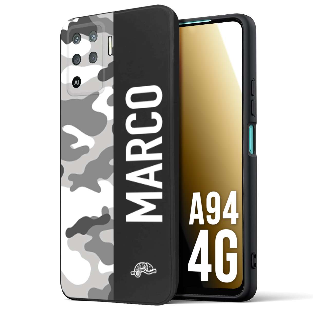 CUSTOMIZZA - Custodia cover nera morbida in tpu compatibile per Oppo A94 4G camouflage mimetico militare personalizzata nome bianco