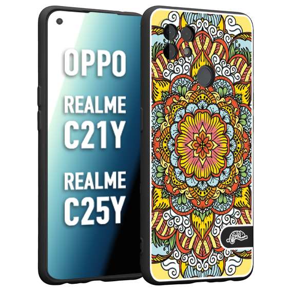 CUSTOMIZZA - Custodia cover nera morbida in tpu compatibile per Oppo Realme C21Y - C25Y mandala colorato fiore nuvole arancione