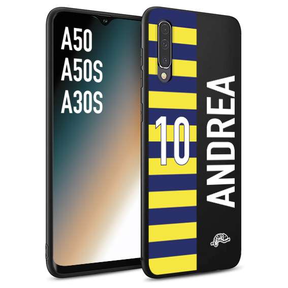 CUSTOMIZZA - Custodia cover nera morbida in tpu compatibile per Samsung A50 - A50S - A30S personalizzata calcio football nome e numero calciatori giallo blu