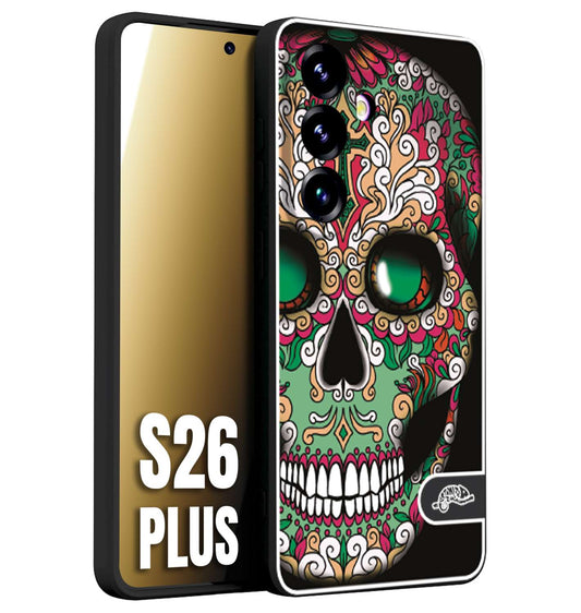 CUSTOMIZZA - Custodia cover nera morbida in tpu compatibile per Samsung S26 PLUS teschio messicano Mexican skull verde fucsia