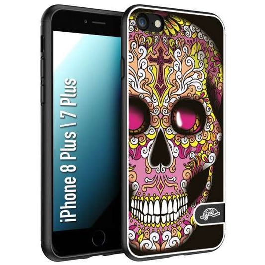 CUSTOMIZZA - Custodia cover nera morbida in tpu compatibile per iPhone 7 PLUS - 8 plus teschio messicano Mexican skull rosa gialla