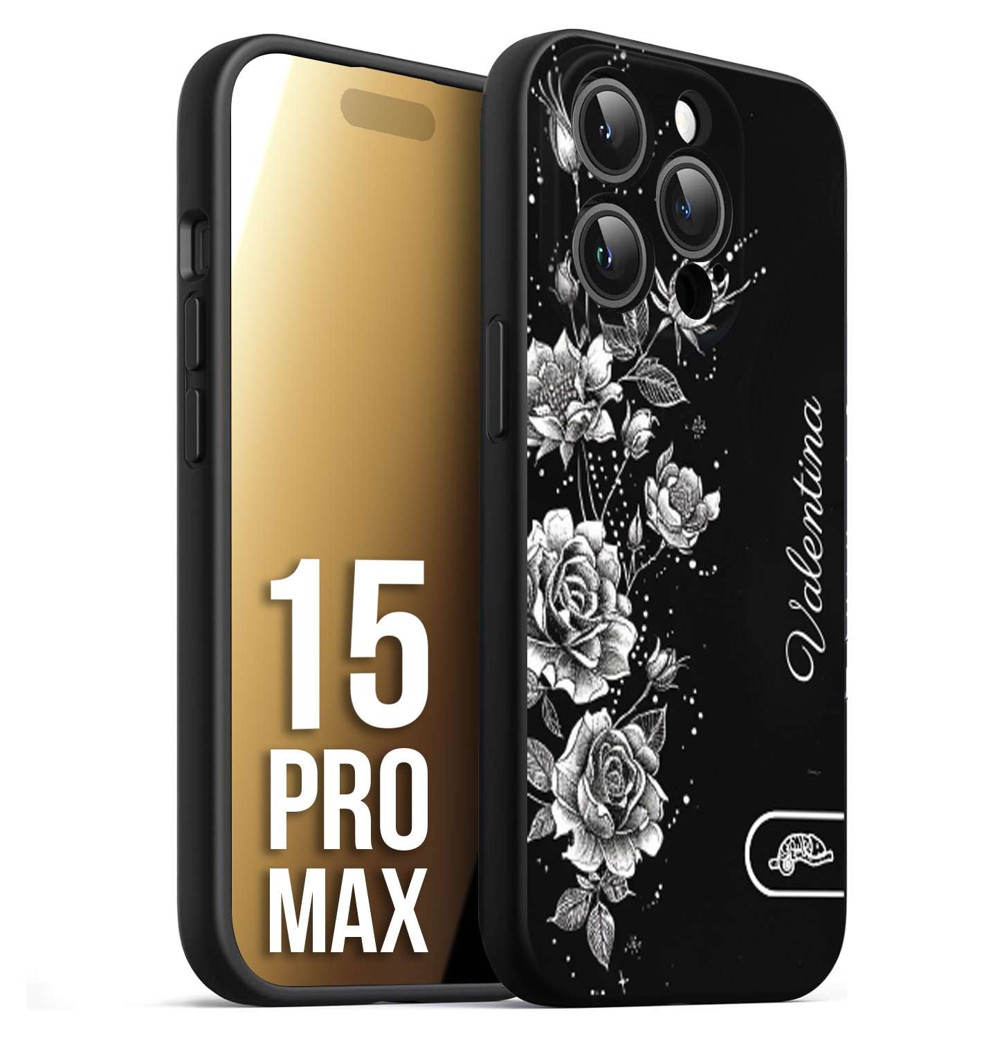 CUSTOMIZZA - Custodia cover nera morbida in tpu compatibile per iPhone 15 PRO MAX a rilievo soft touch personalizzata nome rose fiori donna