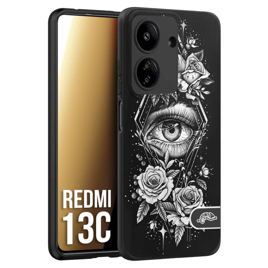 CUSTOMIZZA - Custodia cover nera morbida in tpu compatibile per Xiaomi Redmi 13C occhio fiori rombo geometrico black and white bianco a rilievo disegnato tattoo tatuaggio