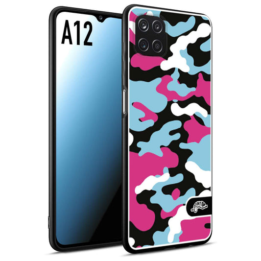 CUSTOMIZZA - Custodia cover nera morbida in tpu compatibile per Samsung A12 camouflage mimetico militare fucsia celeste