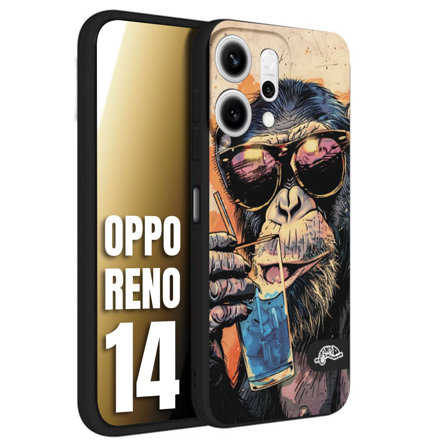 CUSTOMIZZA - Custodia cover nera morbida in tpu compatibile per Oppo Reno 14 estate disegnata cocktails animali simpatici scimmia monkey negroni
