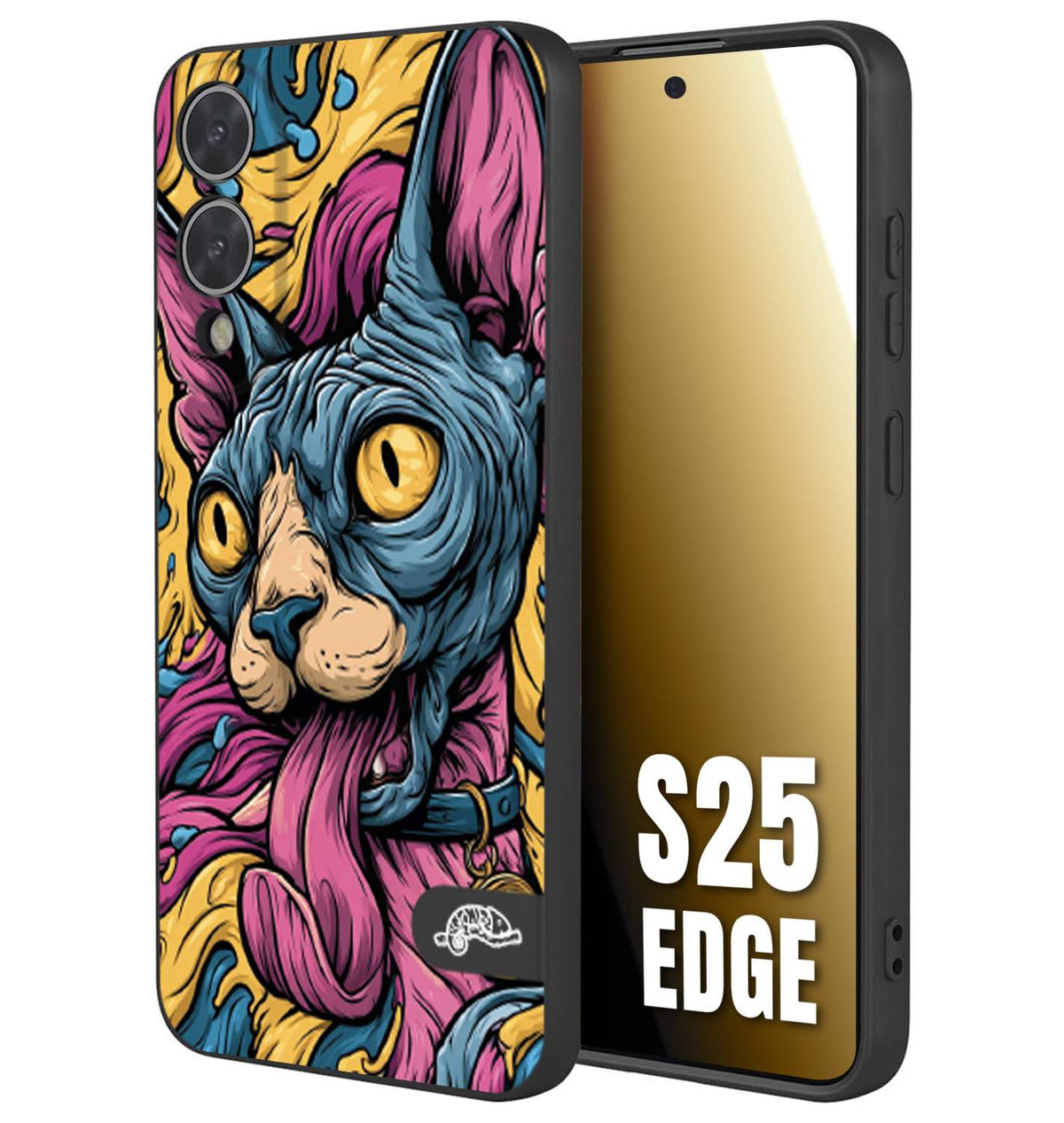 CUSTOMIZZA - Custodia cover nera morbida in tpu compatibile per Samsung S25 EDGE Sphynx Colorato Pop Art Psichedelico Gatto Blu Rosa Giallo Artistica Fantasy